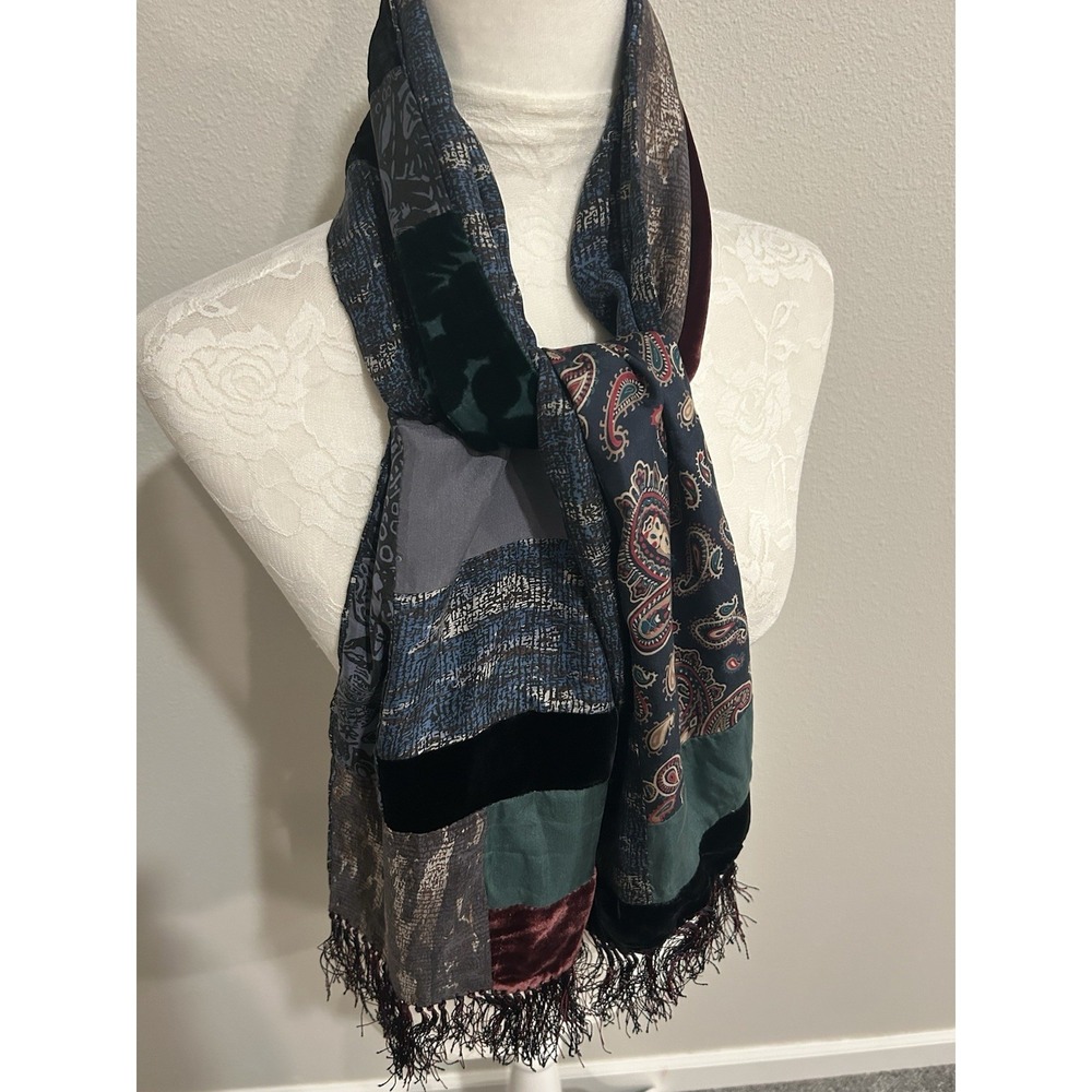 Vintage 90s Burnout Velvet & Silk Patchwork‎ Scarf Fringed 57"x10" Boho Luxury
